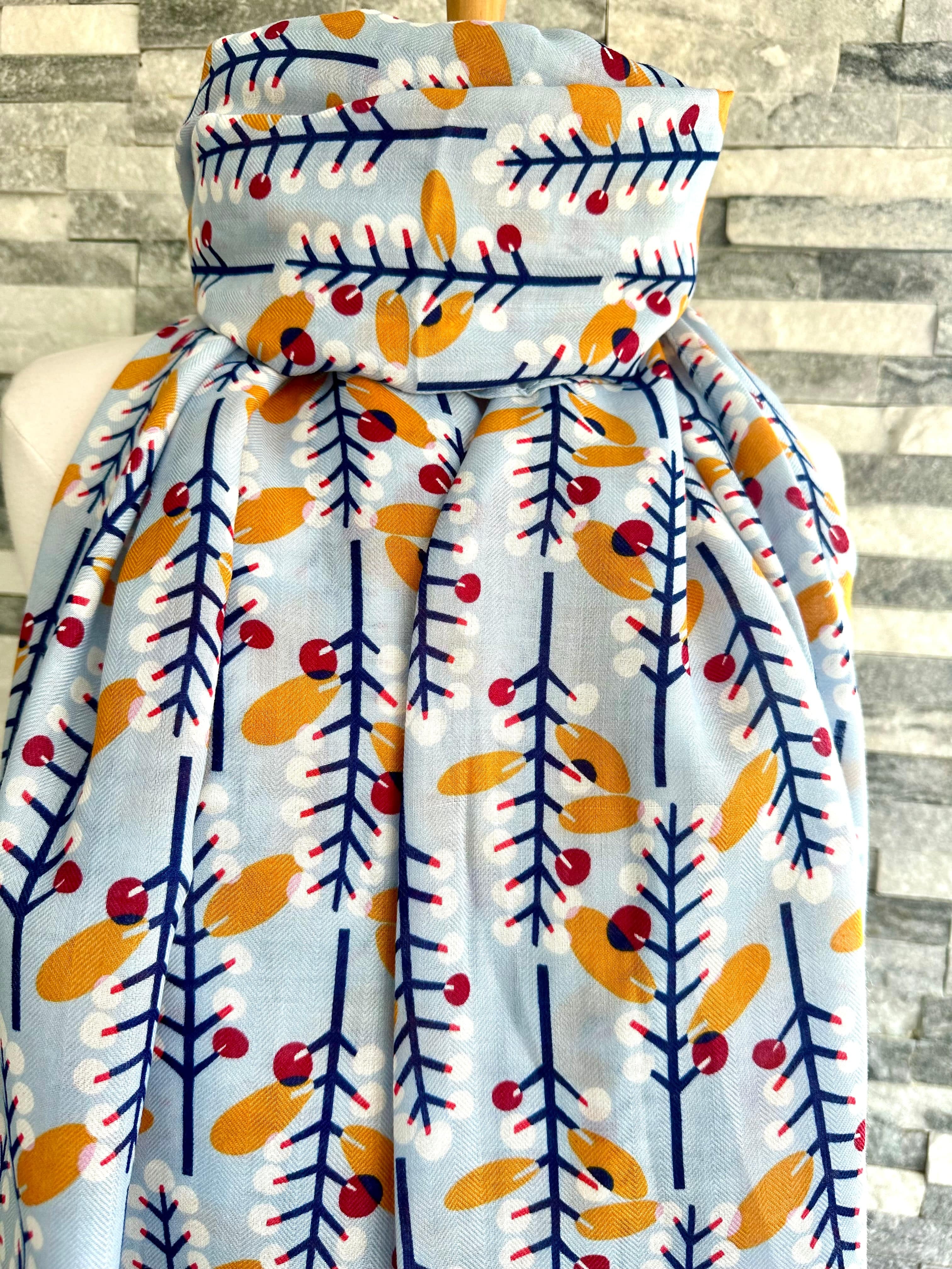 lusciousscarves Red Cuckoo Pale Blue Scarf with White, Navy, Red Leaves and Berries.