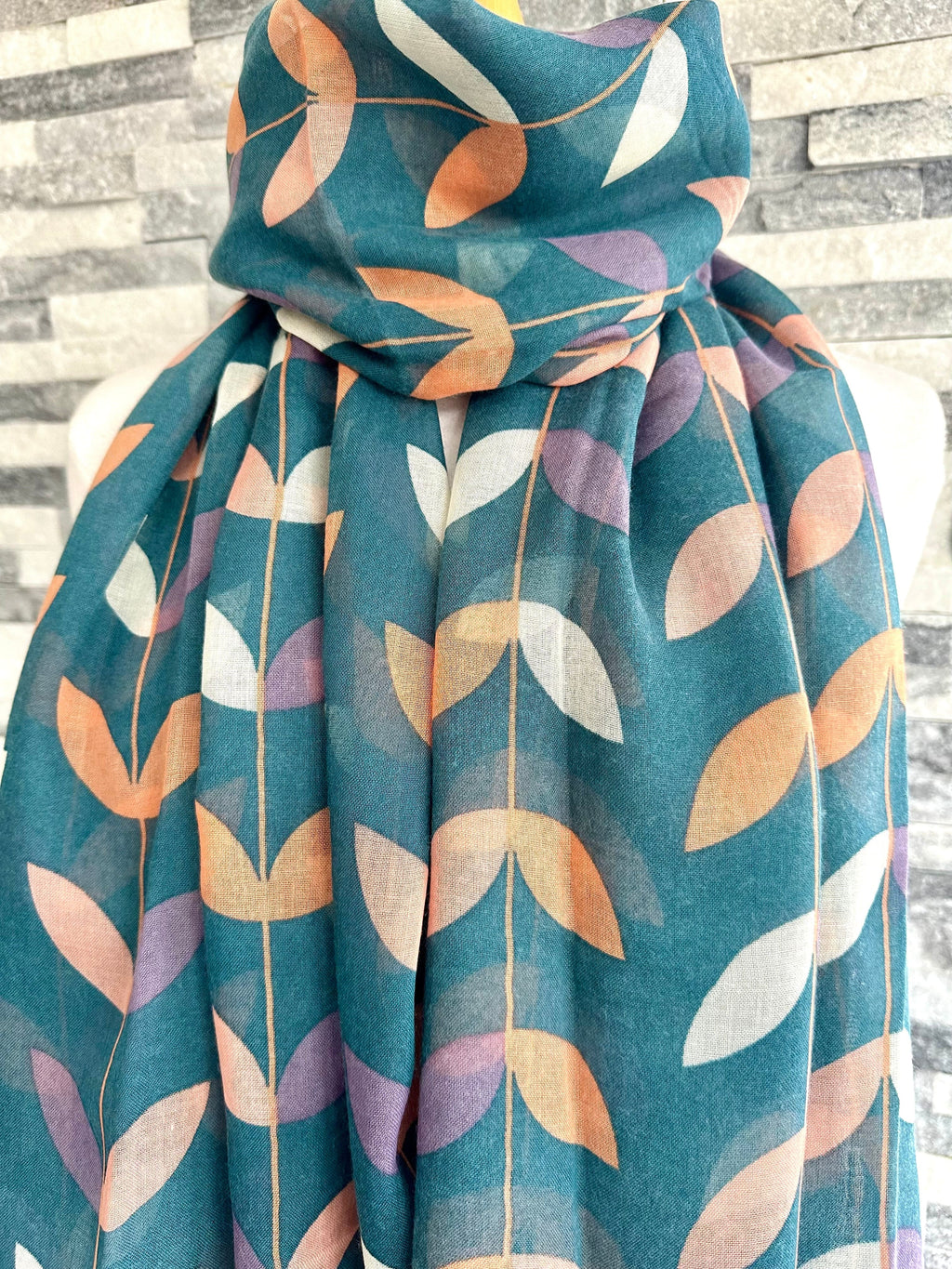lusciousscarves Red Cuckoo Teal Scarf with White , Peach and Purple Leaves