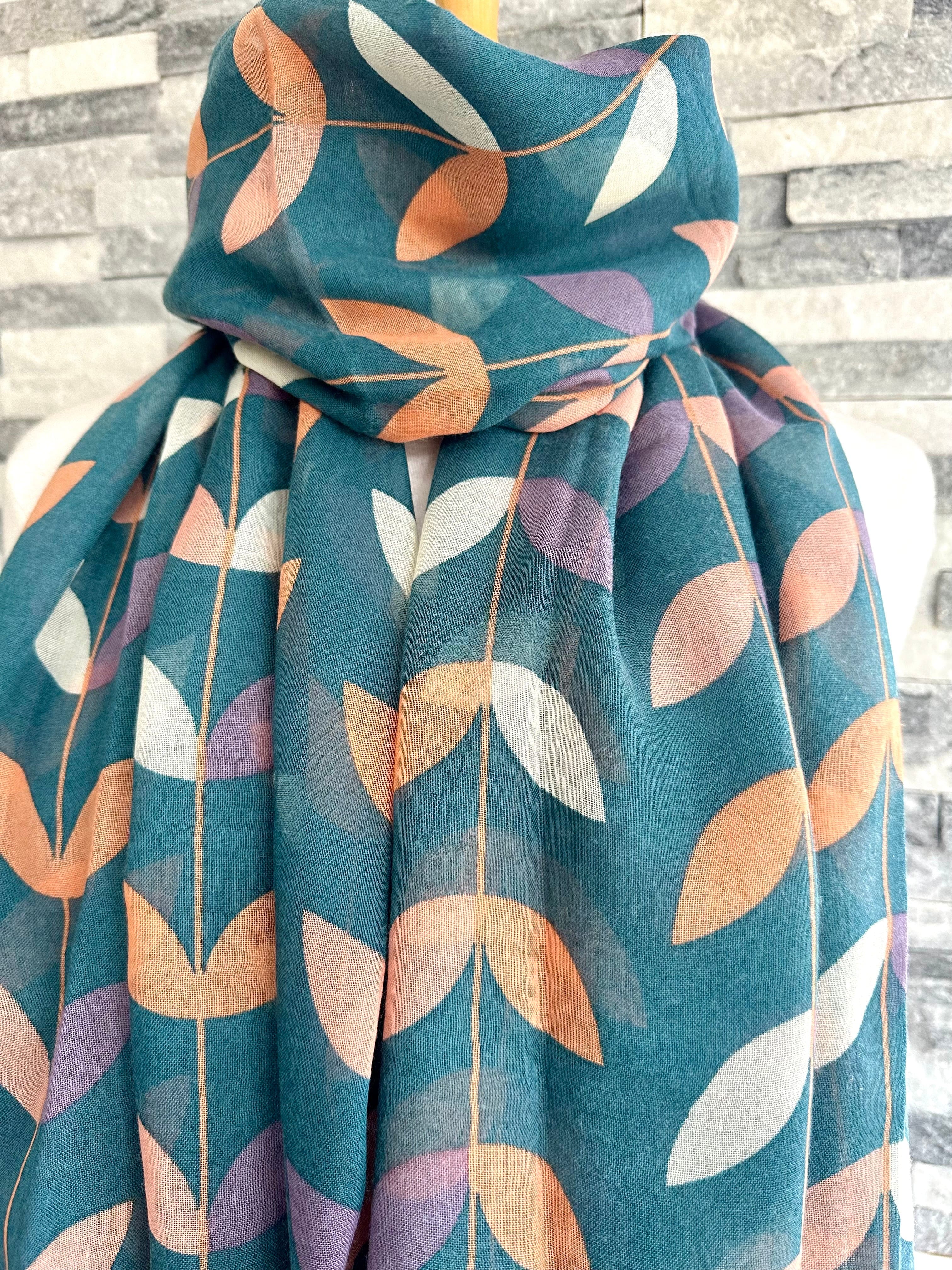 lusciousscarves Red Cuckoo Teal Scarf with White , Peach and Purple Leaves