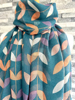 Load image into Gallery viewer, lusciousscarves Red Cuckoo Teal Scarf with White , Peach and Purple Leaves
