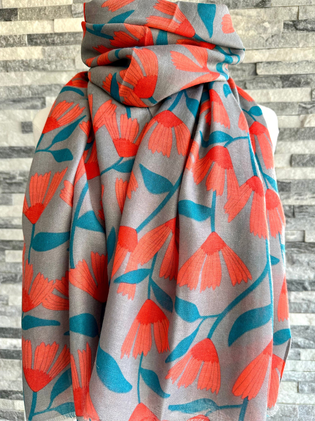 lusciousscarves Red Cuckoo Trailing Flowers Design Scarf , Grey , Coral and Teal.