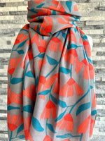 Load image into Gallery viewer, lusciousscarves Red Cuckoo Trailing Flowers Design Scarf , Grey , Coral and Teal.
