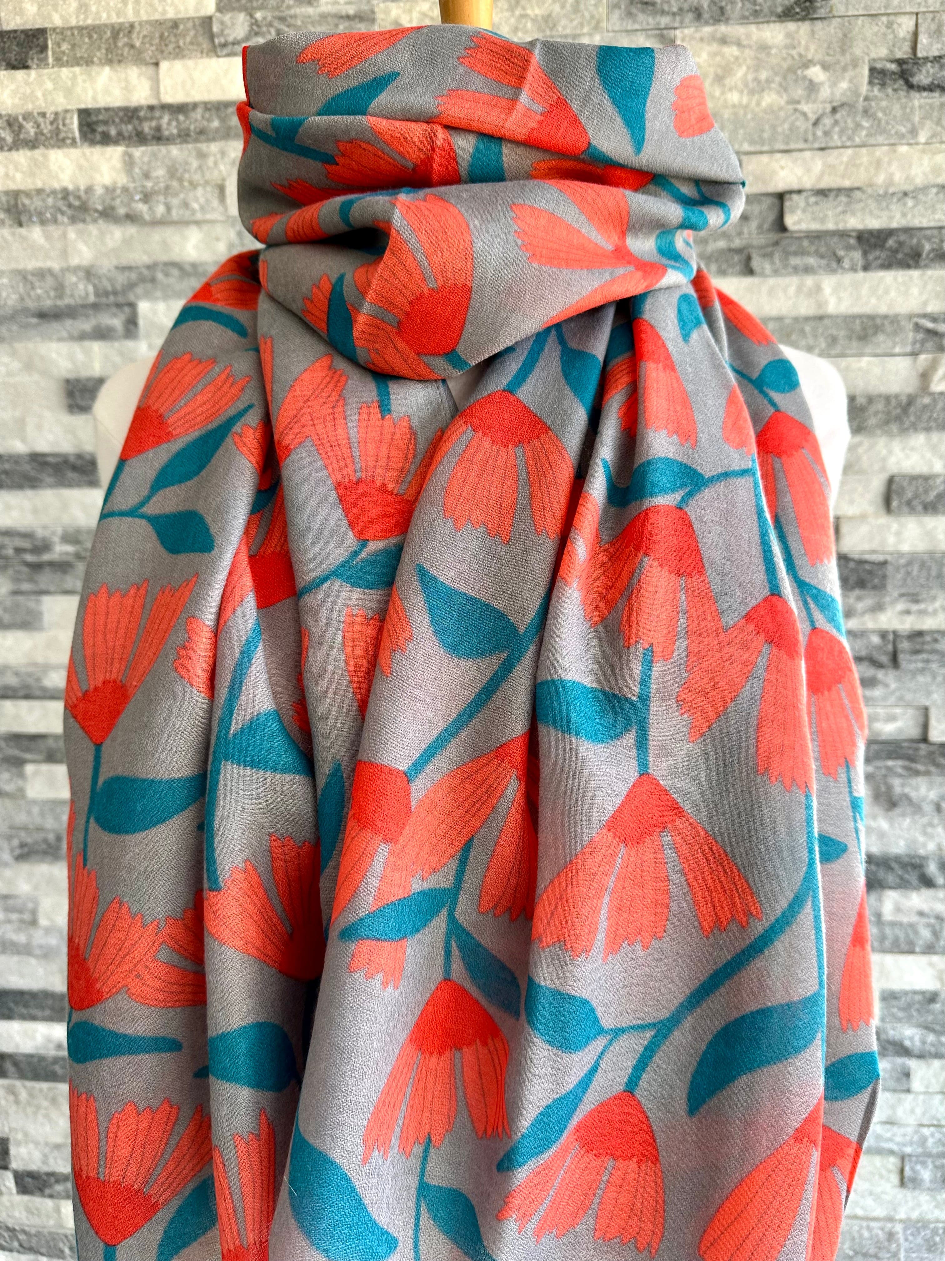 lusciousscarves Red Cuckoo Trailing Flowers Design Scarf , Grey , Coral and Teal.