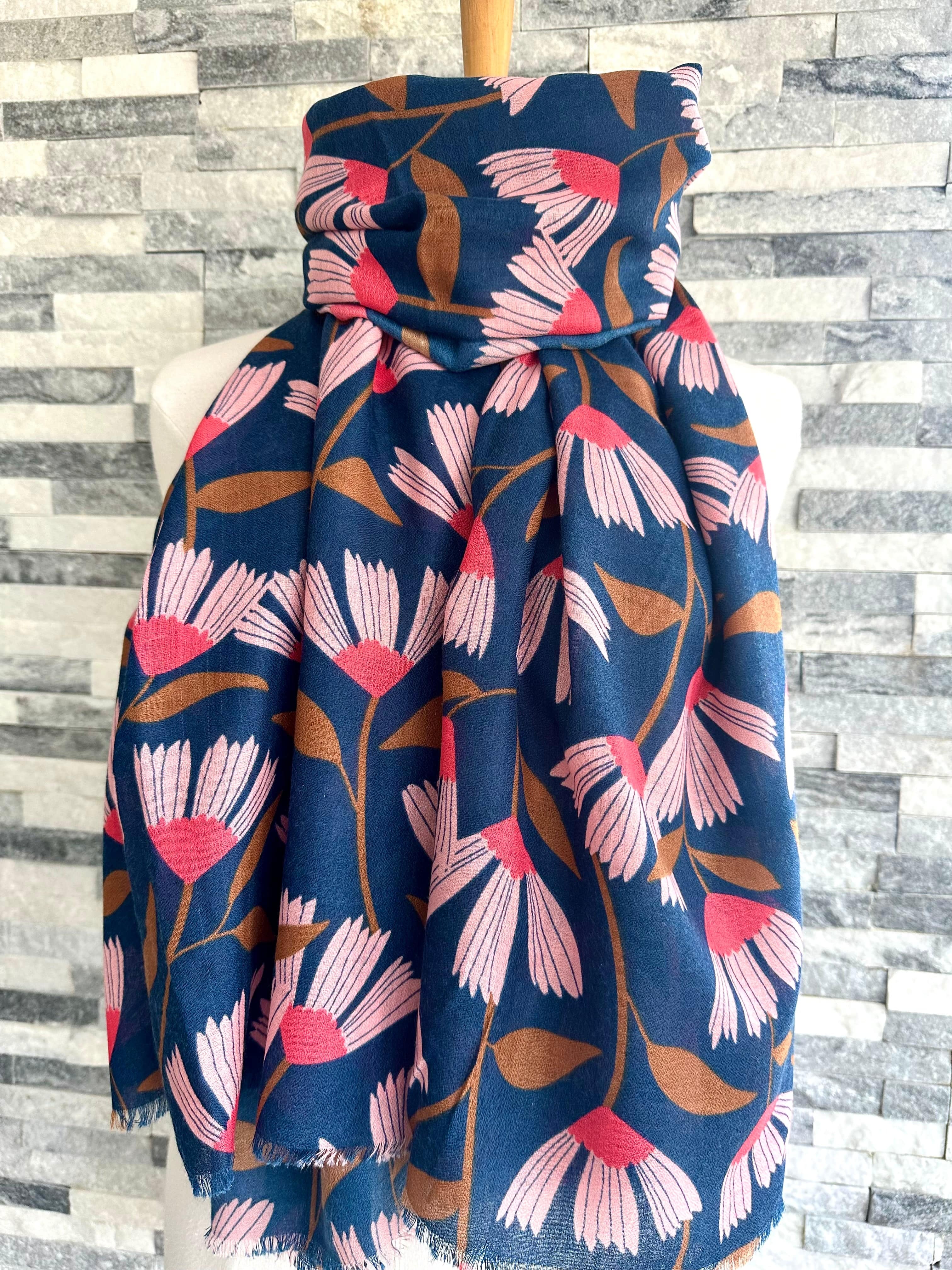 lusciousscarves Red Cuckoo Trailing Flowers Design Scarf , Navy, Pink and Tan.