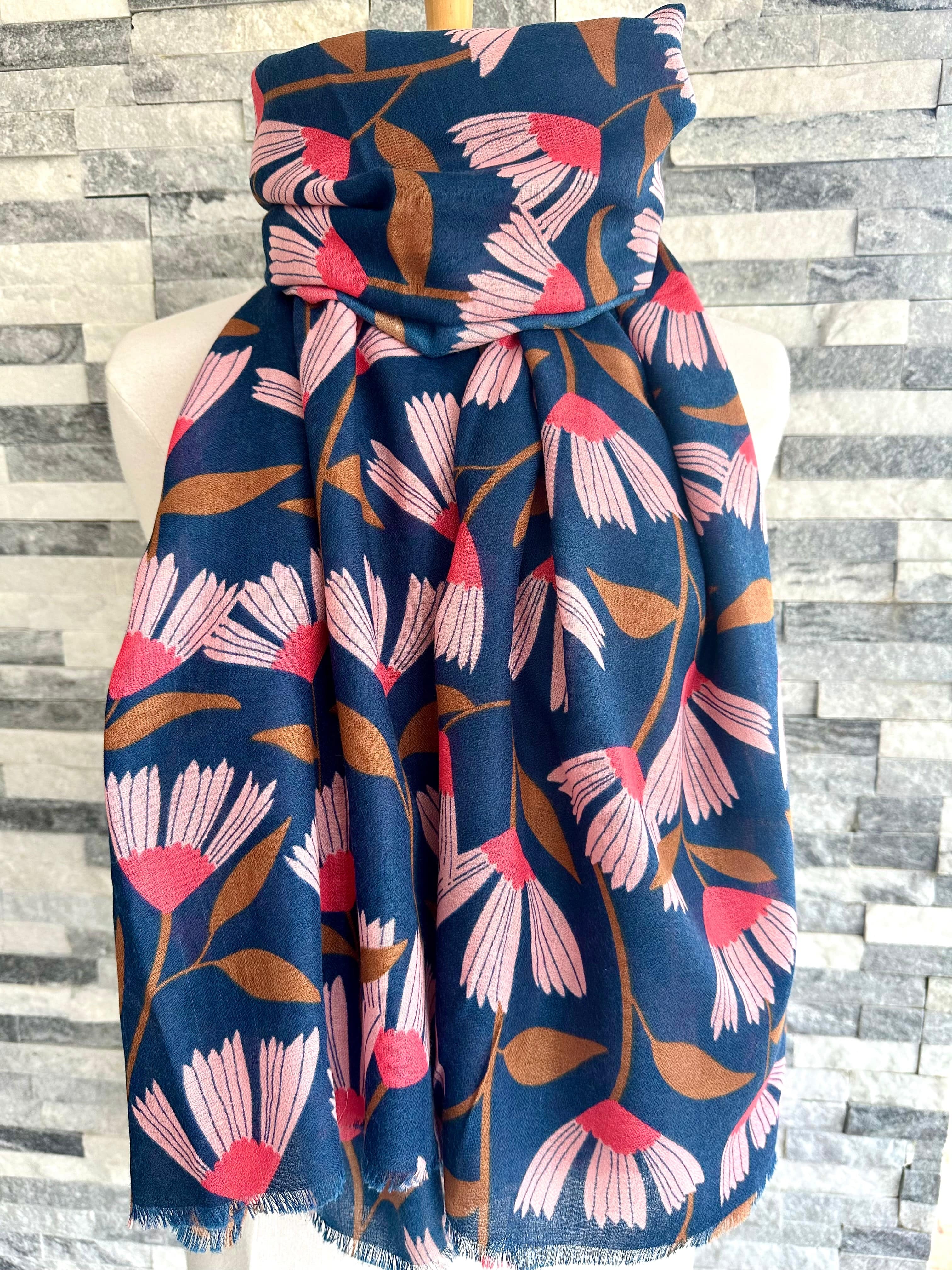 lusciousscarves Red Cuckoo Trailing Flowers Design Scarf , Navy, Pink and Tan.