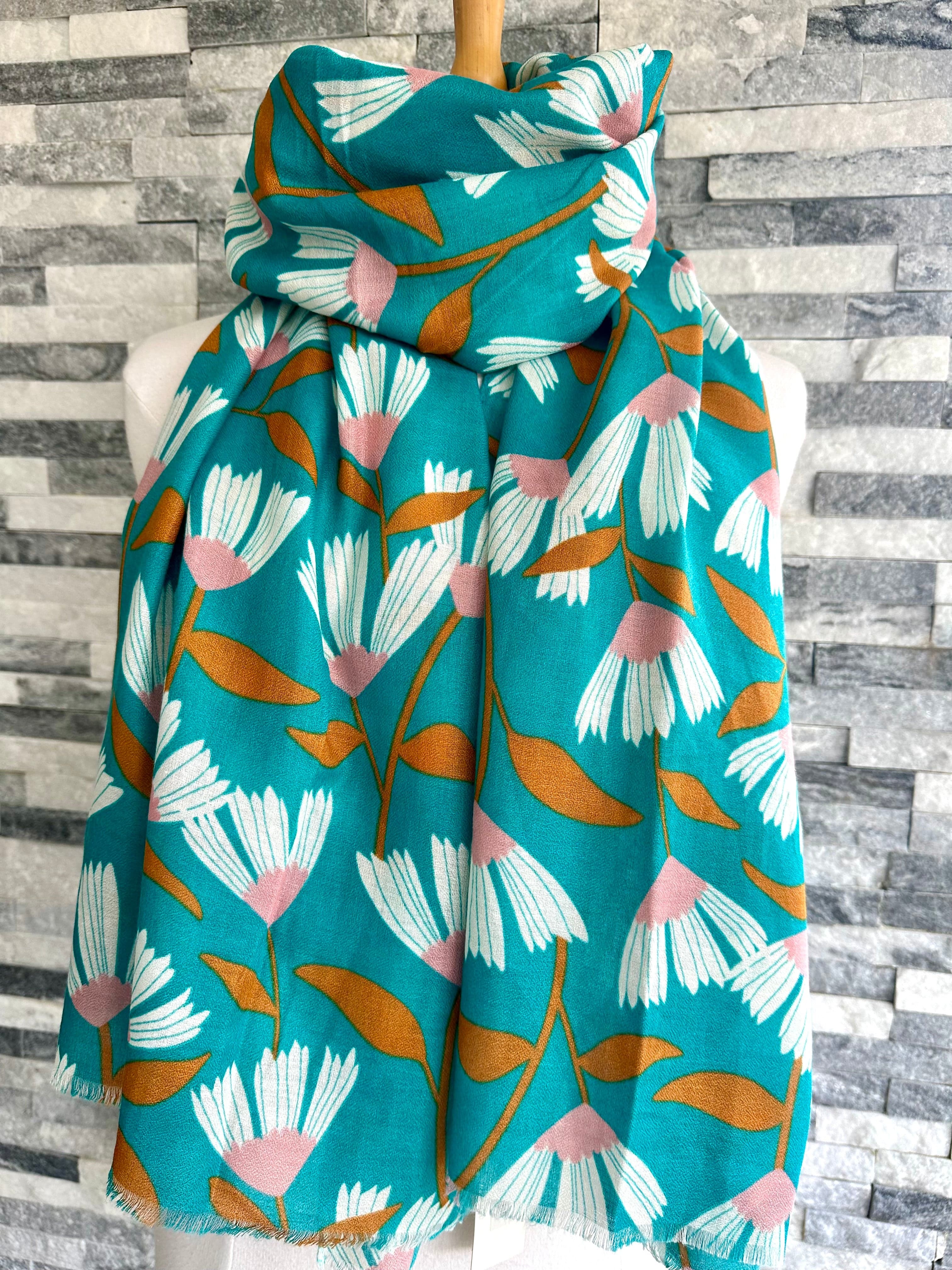lusciousscarves Red Cuckoo Trailing Flowers Design Scarf , Turquoise , Pink , White and Rust.