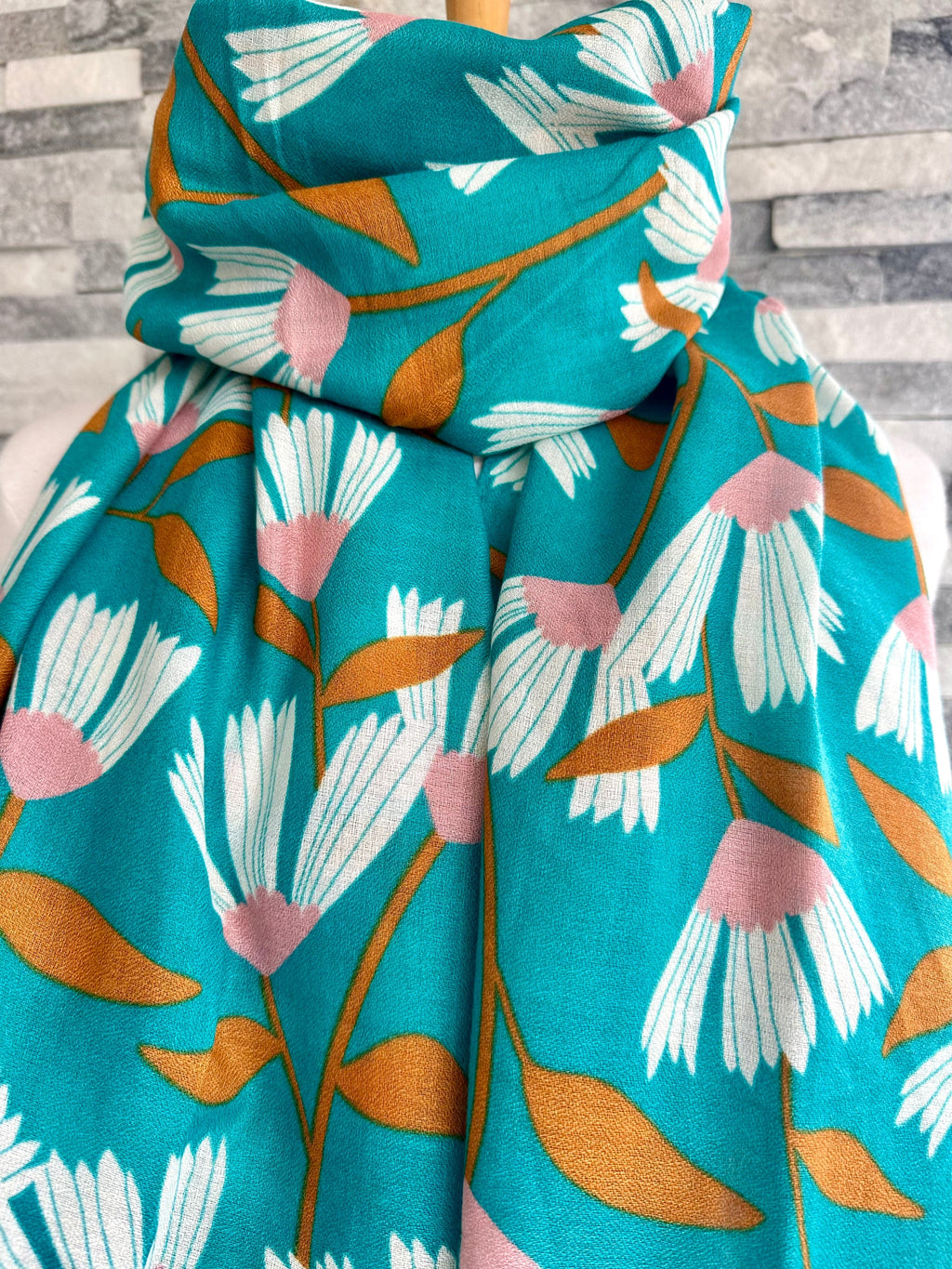 lusciousscarves Red Cuckoo Trailing Flowers Design Scarf , Turquoise , Pink , White and Rust.