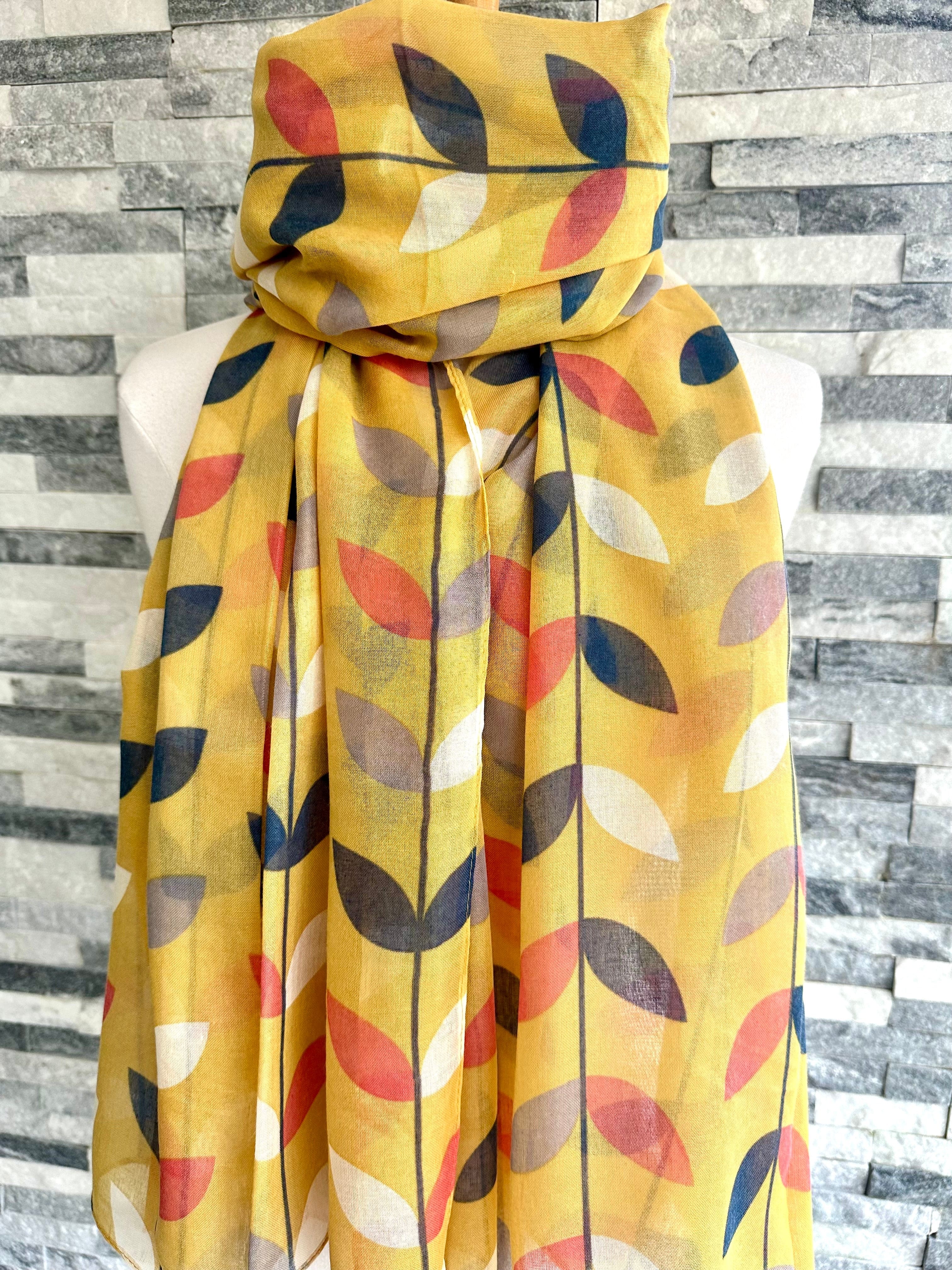 lusciousscarves Red Cuckoo Yellow Scarf with White, Navy and Orange Leaves