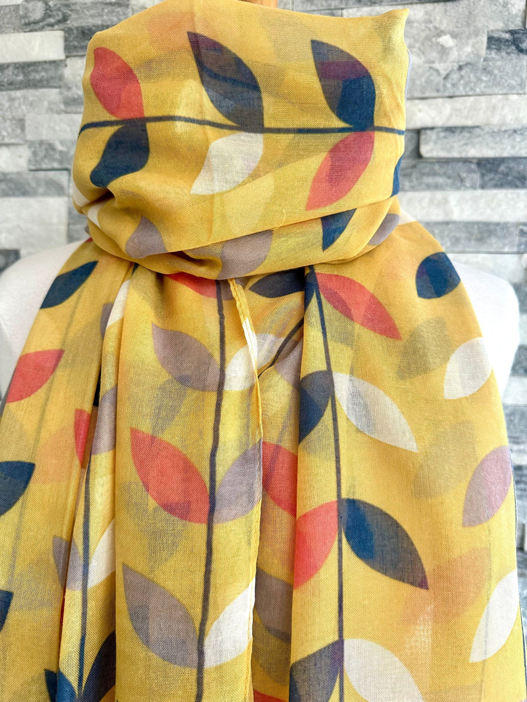 lusciousscarves Red Cuckoo Yellow Scarf with White, Navy and Orange Leaves