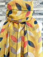 Load image into Gallery viewer, lusciousscarves Red Cuckoo Yellow Scarf with White, Navy and Orange Leaves
