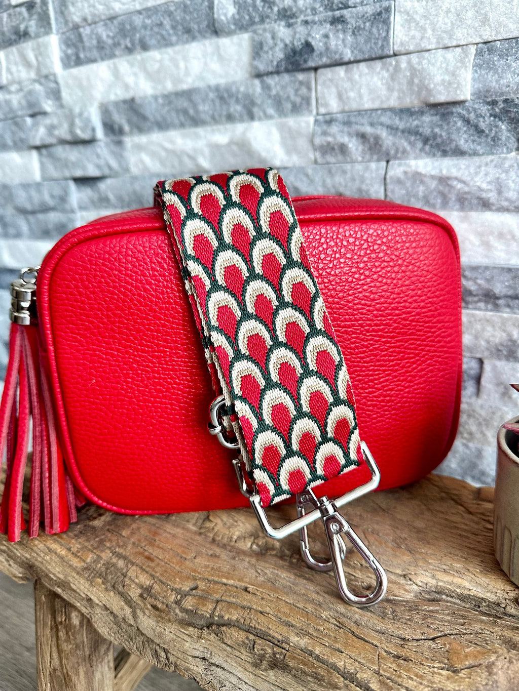 lusciousscarves Red Italian leather camera bag and strap combo