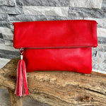 Load image into Gallery viewer, lusciousscarves Red Italian leather Clutch Bag , Fold Over Design
