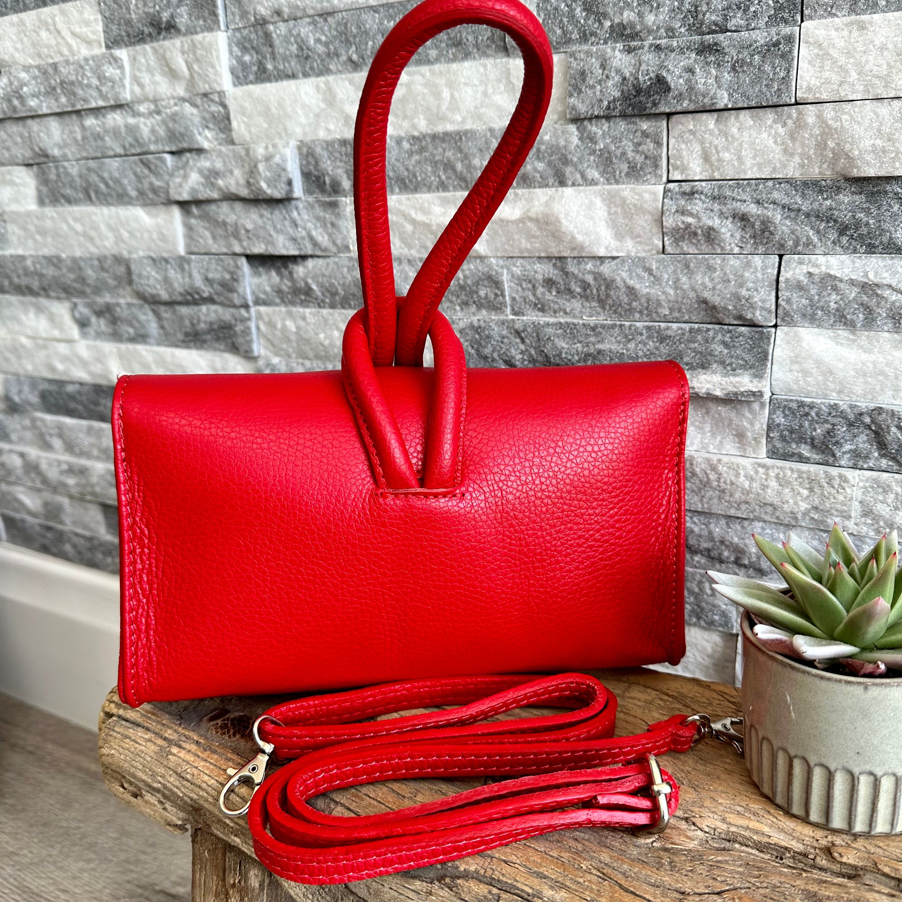 Red Italian Leather Clutch Bag Evening Bag with Loop Handle
