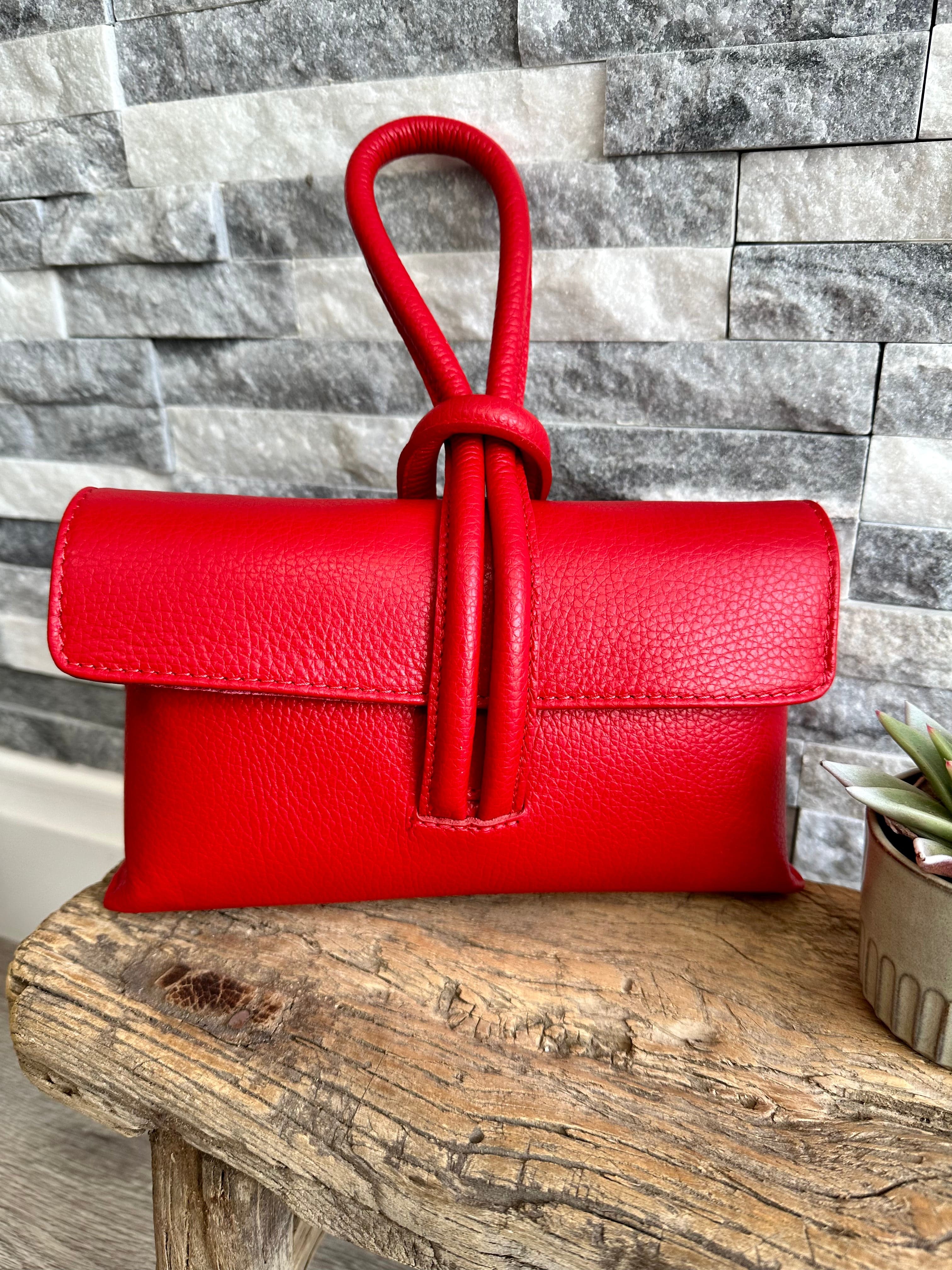 Red Italian Leather Clutch Bag Evening Bag with Loop Handle