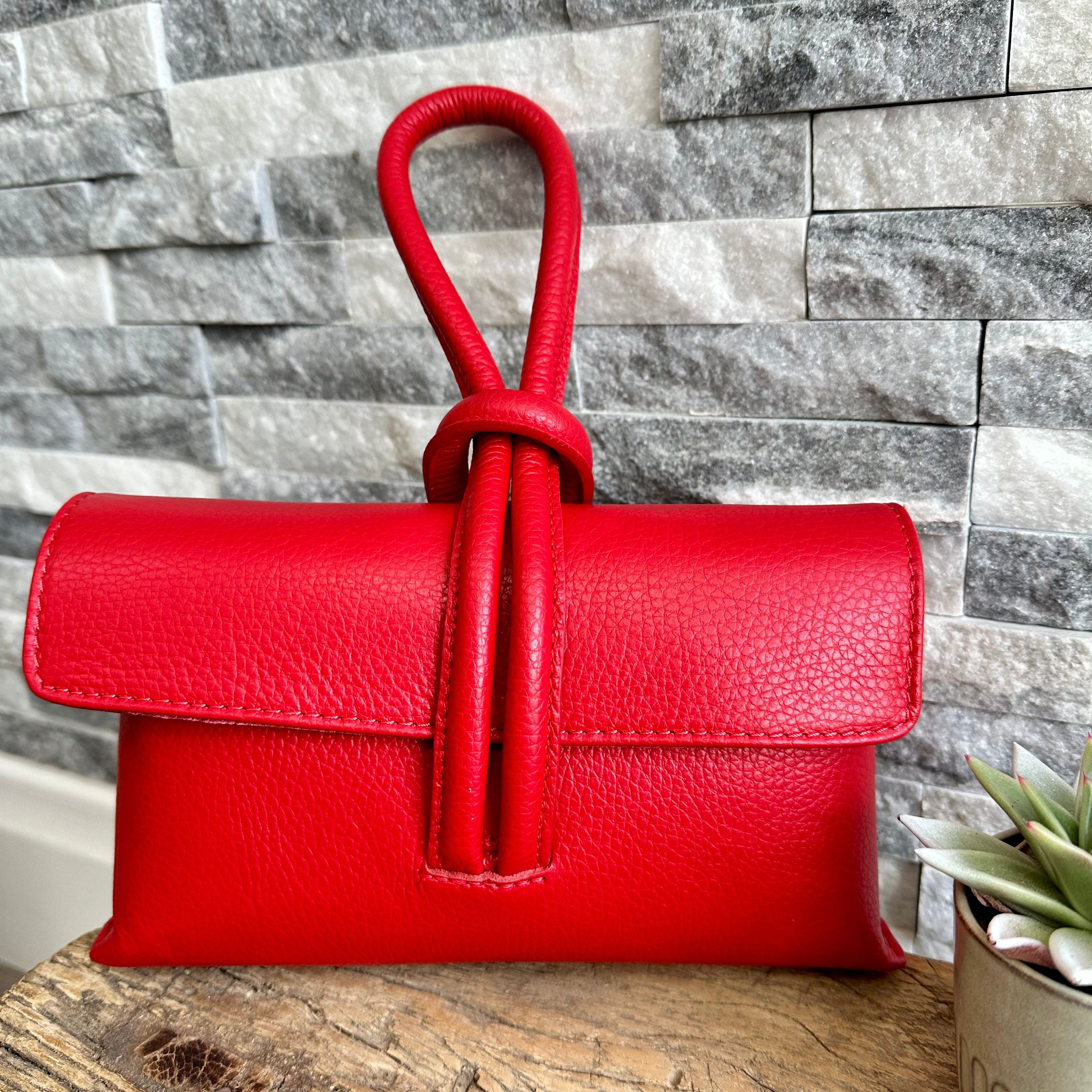 Red Italian Leather Clutch Bag Evening Bag with Loop Handle