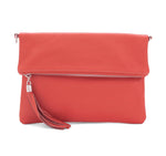 Load image into Gallery viewer, lusciousscarves Red Italian Leather Fold Over Clutch Bag with Tassel.
