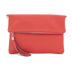 lusciousscarves Red Italian Leather Fold Over Clutch Bag with Tassel.