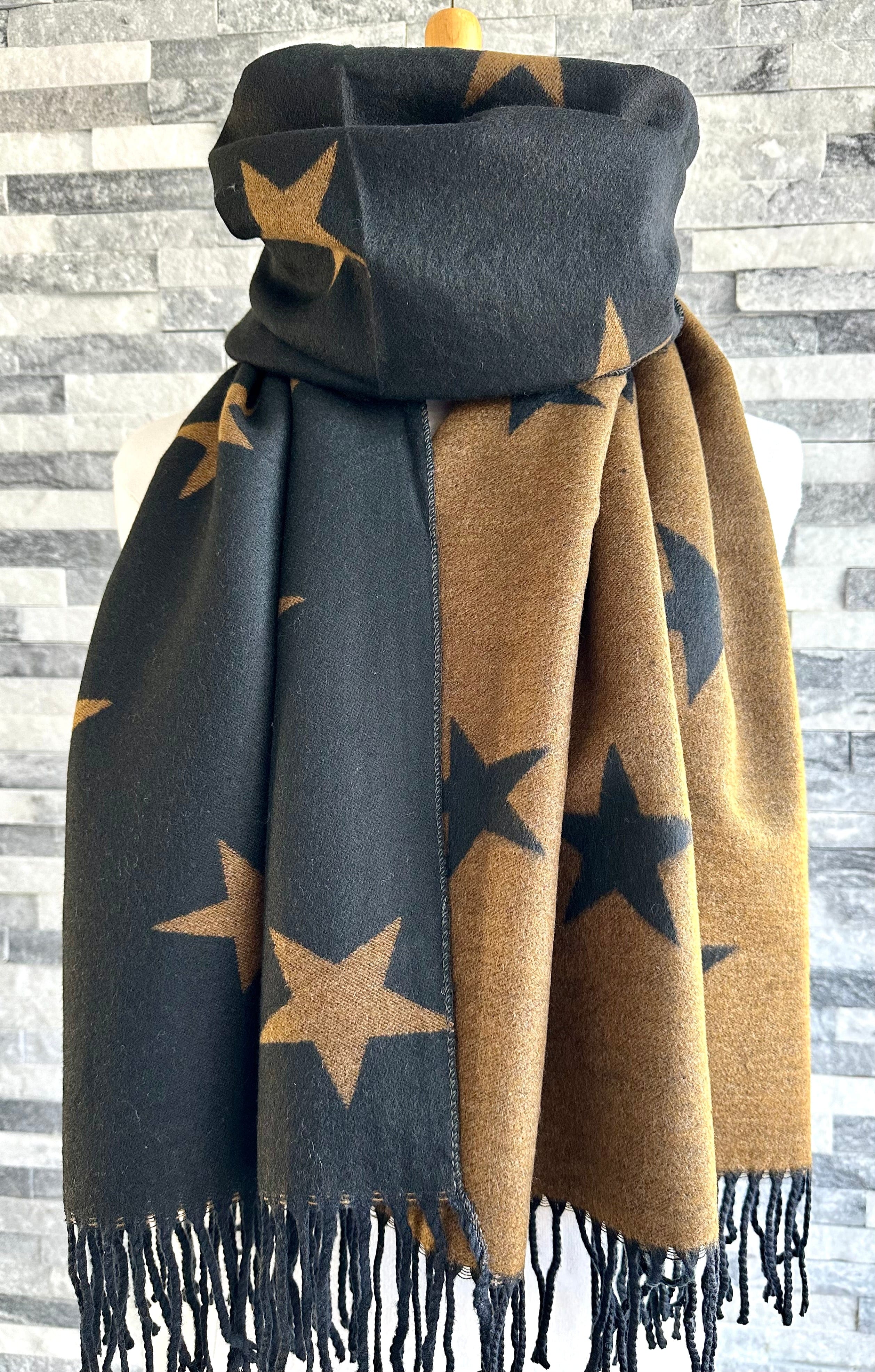 lusciousscarves Reversible Black and Brown Stars Scarf/Shawl Cashmere Blend