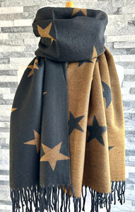 lusciousscarves Reversible Black and Brown Stars Scarf/Shawl Cashmere Blend