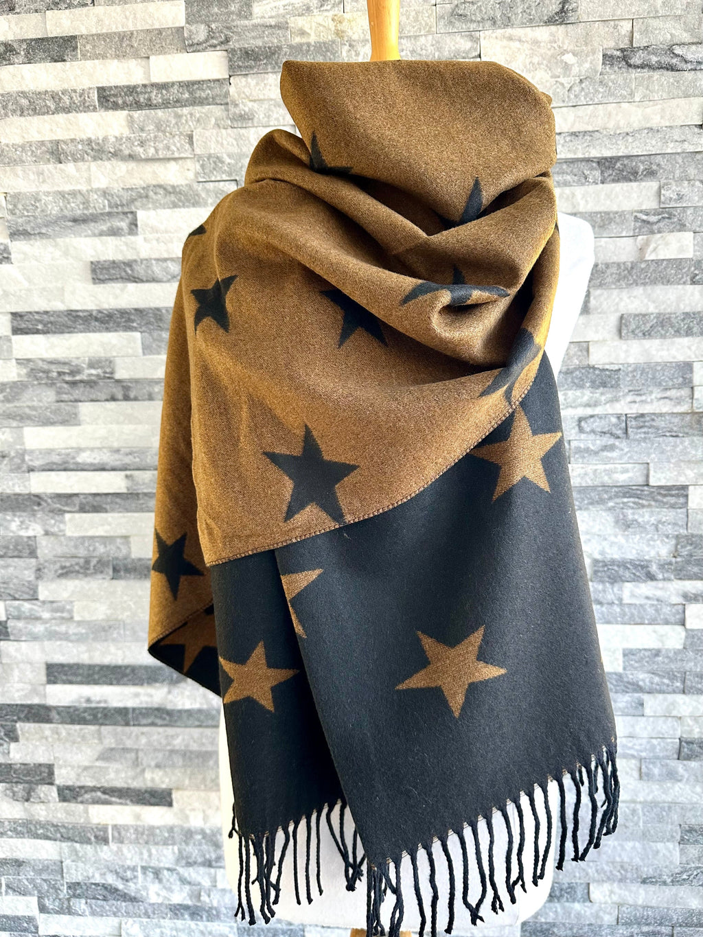 lusciousscarves Reversible Black and Brown Stars Scarf/Shawl Cashmere Blend