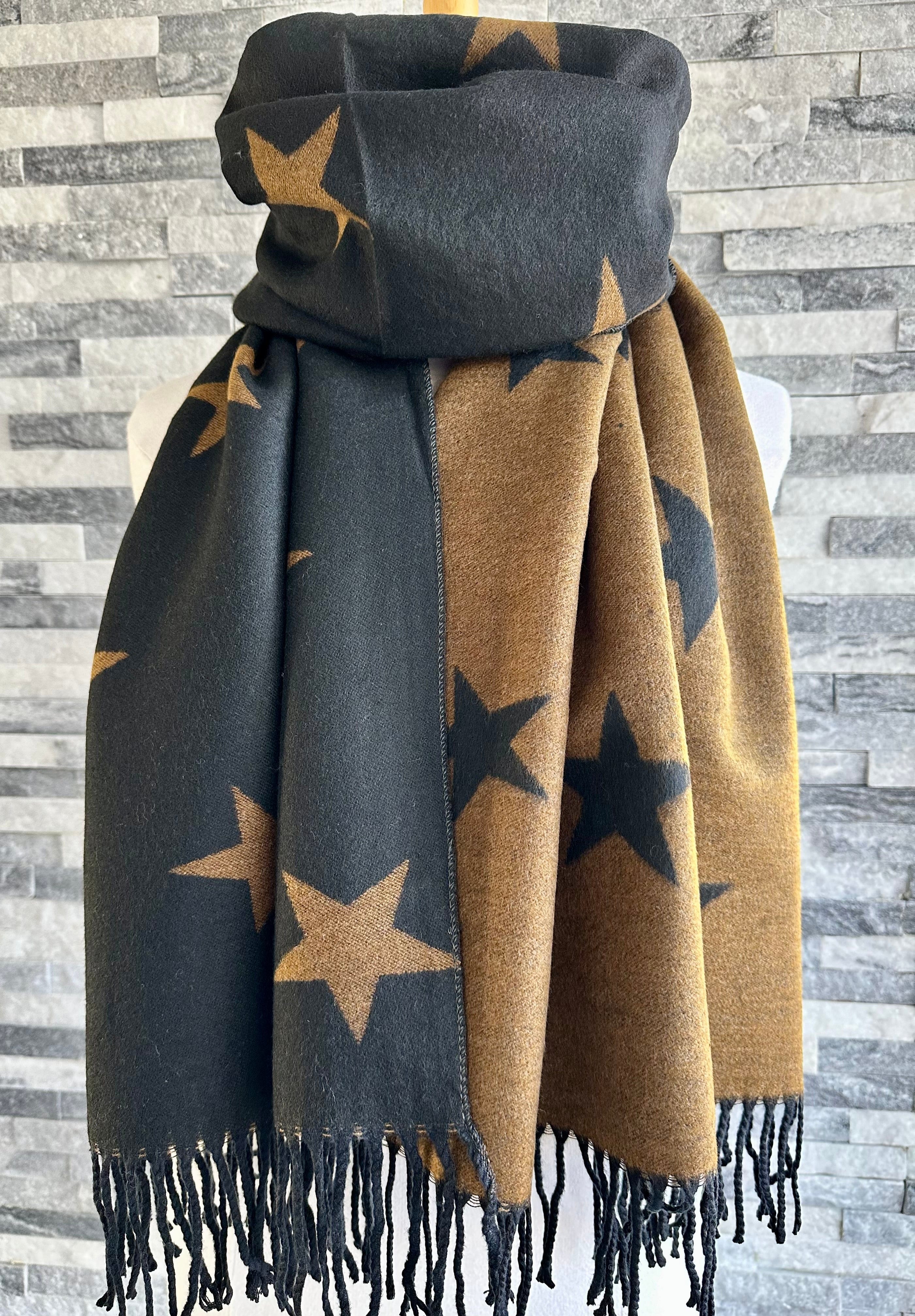 lusciousscarves Reversible Black and Brown Stars Scarf/Shawl Cashmere Blend