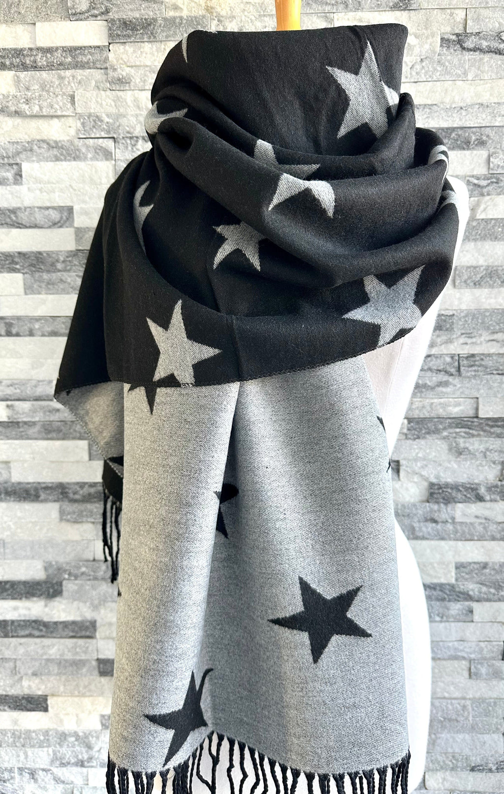 lusciousscarves Reversible Black and Grey Stars Scarf/Shawl Cashmere Blend