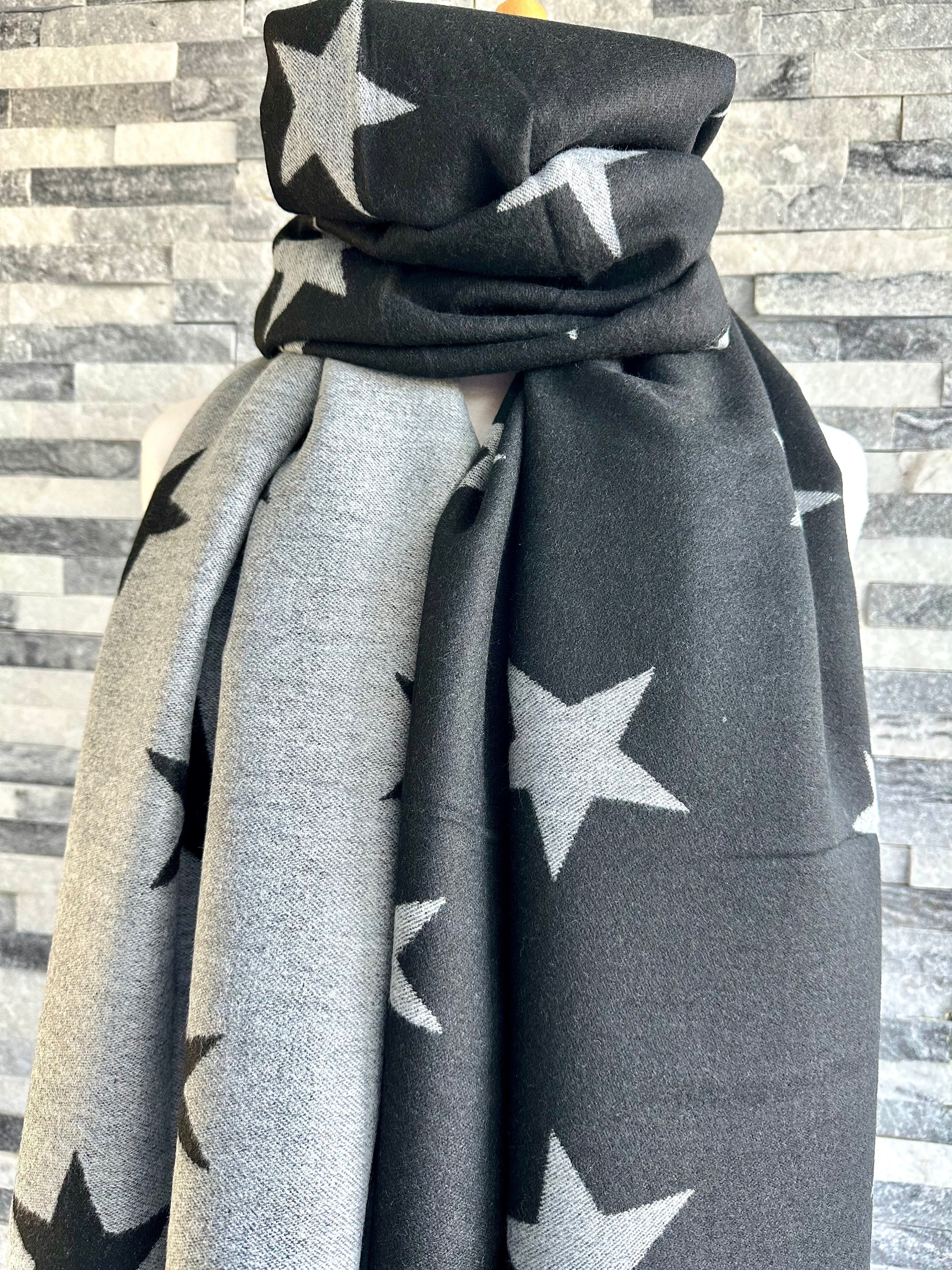 lusciousscarves Reversible Black and Grey Stars Scarf/Shawl Cashmere Blend
