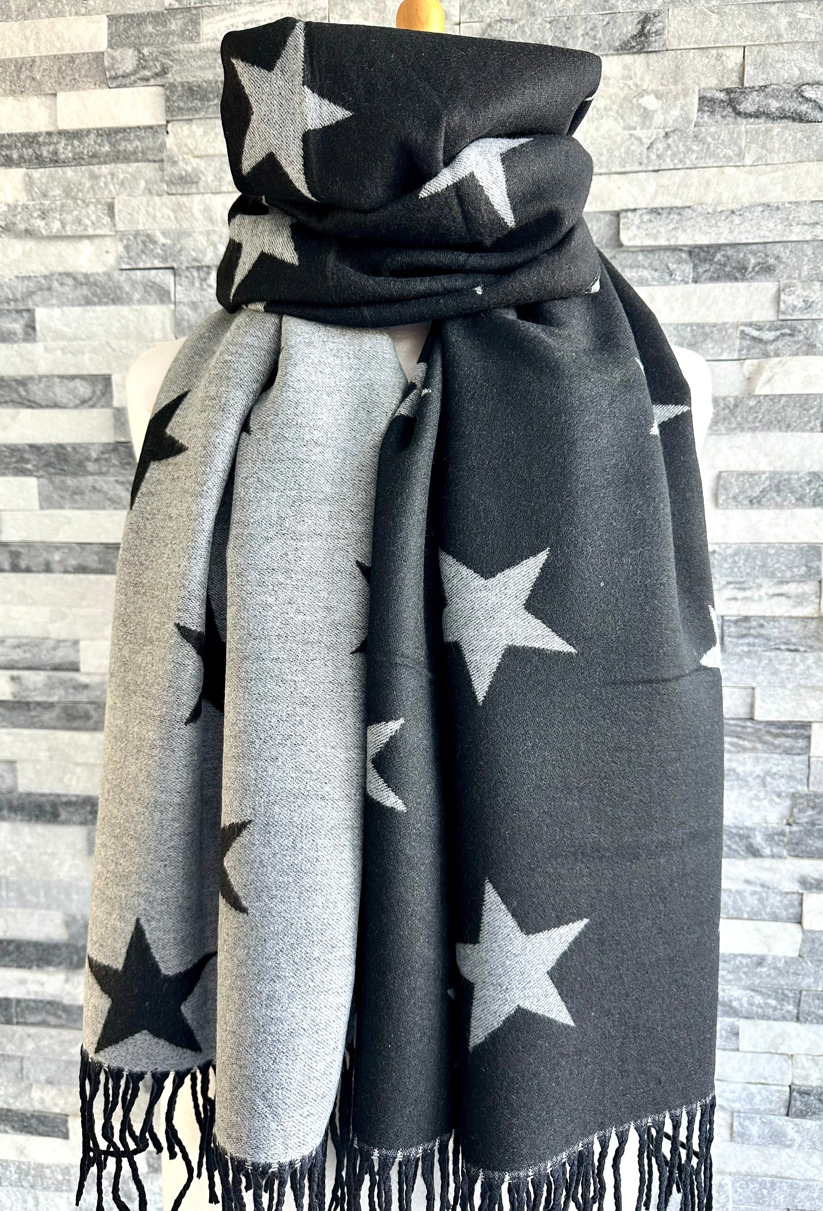 lusciousscarves Reversible Black and Grey Stars Scarf/Shawl Cashmere Blend