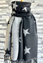 Load image into Gallery viewer, lusciousscarves Reversible Black and Grey Stars Scarf/Shawl Cashmere Blend
