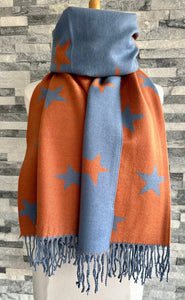 lusciousscarves Reversible Blue and Orange Star Scarf/Wrap Cashmere/Cotton