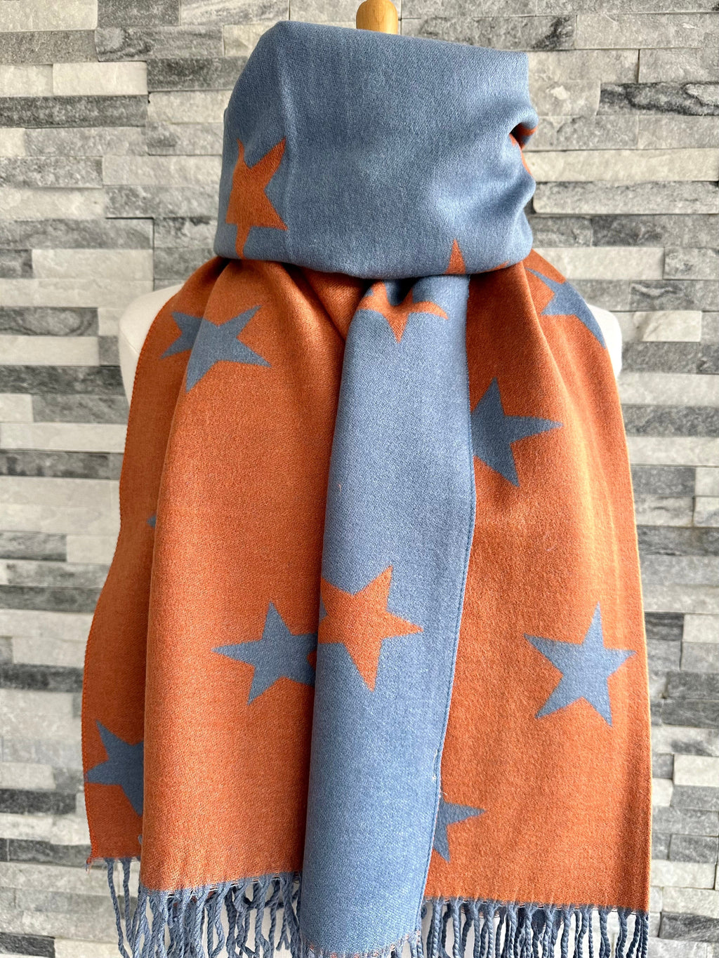 lusciousscarves Reversible Blue and Orange Star Scarf/Wrap Cashmere/Cotton