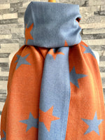Load image into Gallery viewer, lusciousscarves Reversible Blue and Orange Star Scarf/Wrap Cashmere/Cotton
