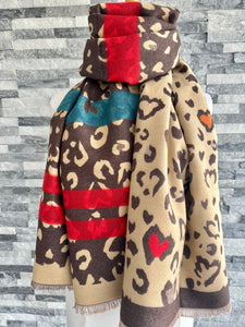 lusciousscarves Reversible Brown and Beige Animal Print and Hearts Design Scarf / Wrap.