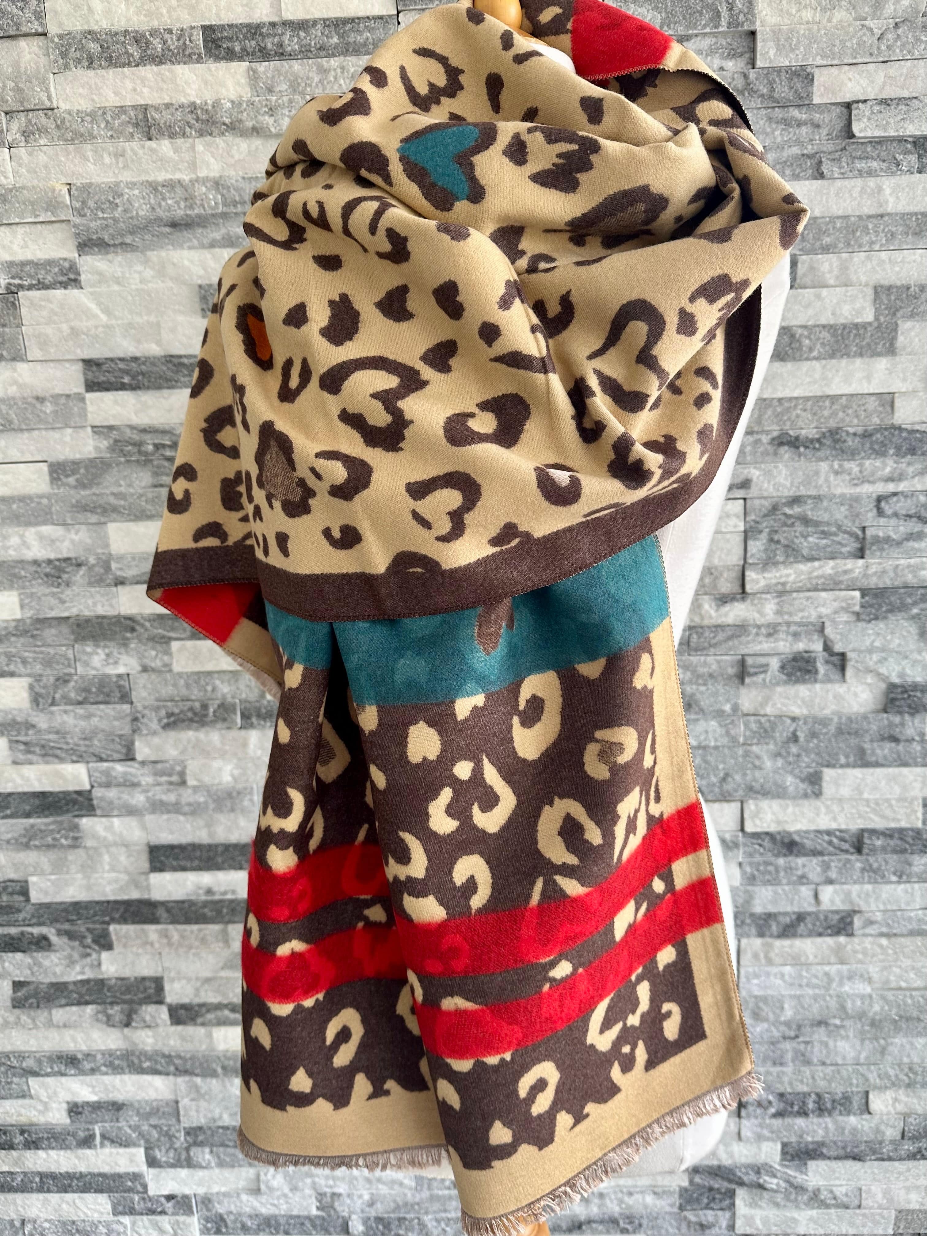 lusciousscarves Reversible Brown and Beige Animal Print and Hearts Design Scarf / Wrap.
