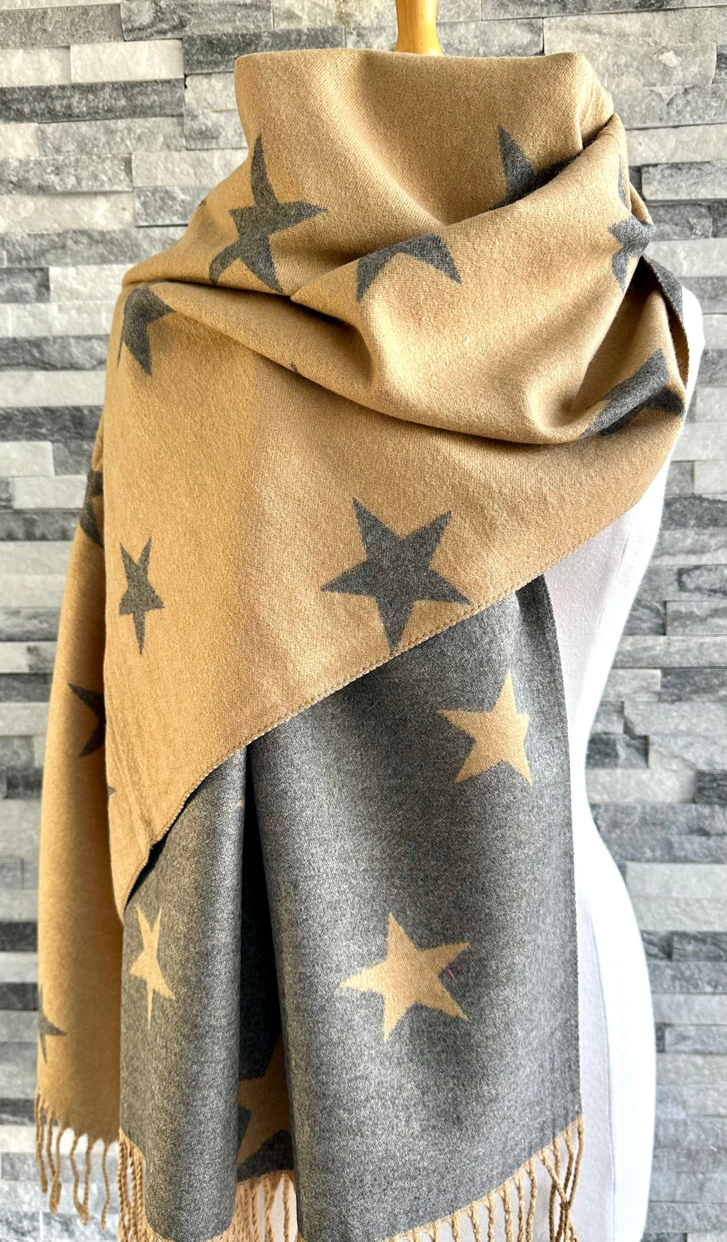 lusciousscarves Reversible Camel and Grey Stars Scarf/Shawl Cashmere Blend