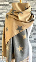 Load image into Gallery viewer, lusciousscarves Reversible Camel and Grey Stars Scarf/Shawl Cashmere Blend
