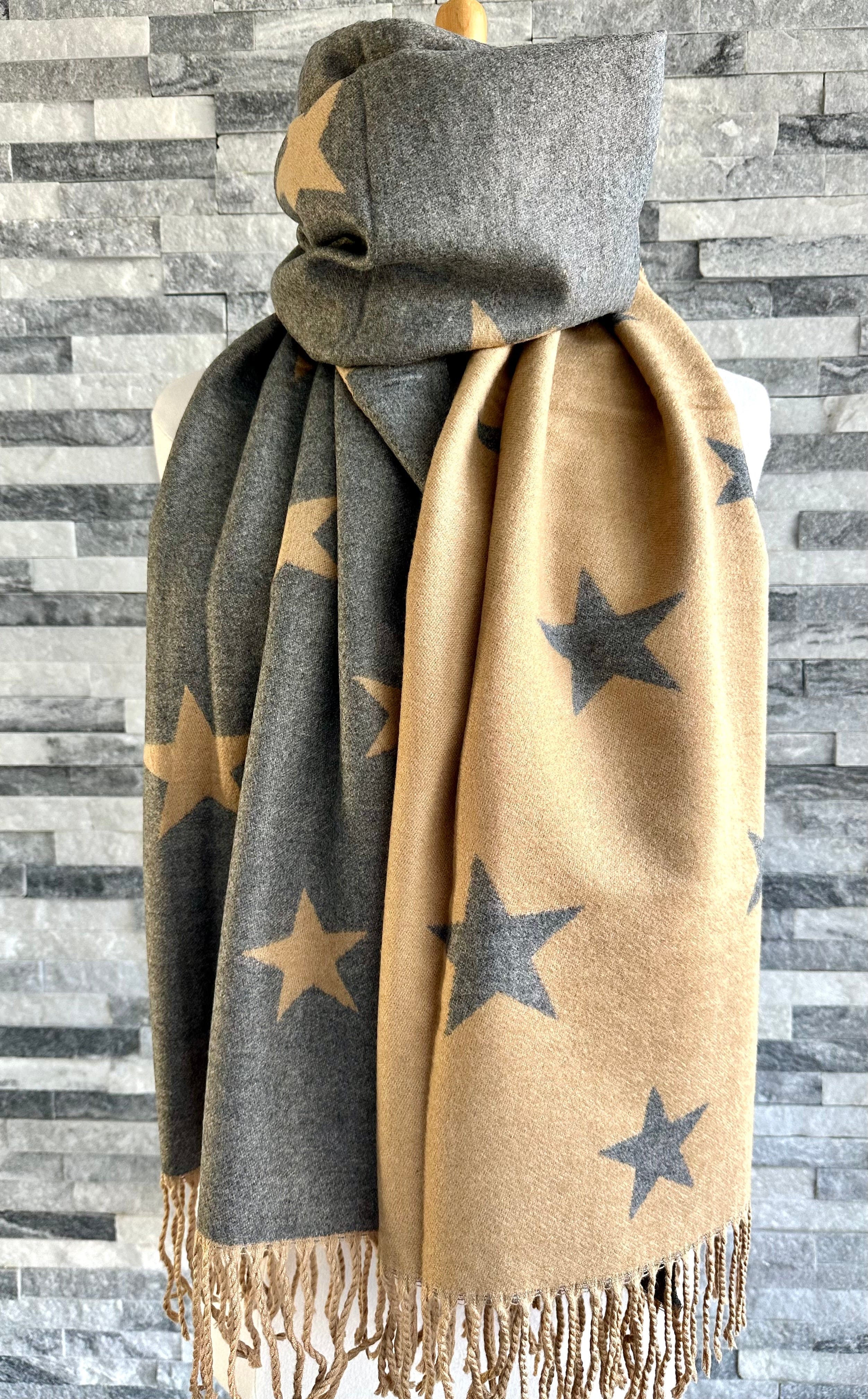 lusciousscarves Reversible Camel and Grey Stars Scarf/Shawl Cashmere Blend