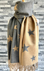 Load image into Gallery viewer, lusciousscarves Reversible Camel and Grey Stars Scarf/Shawl Cashmere Blend
