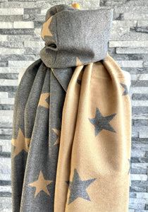 lusciousscarves Reversible Camel and Grey Stars Scarf/Shawl Cashmere Blend
