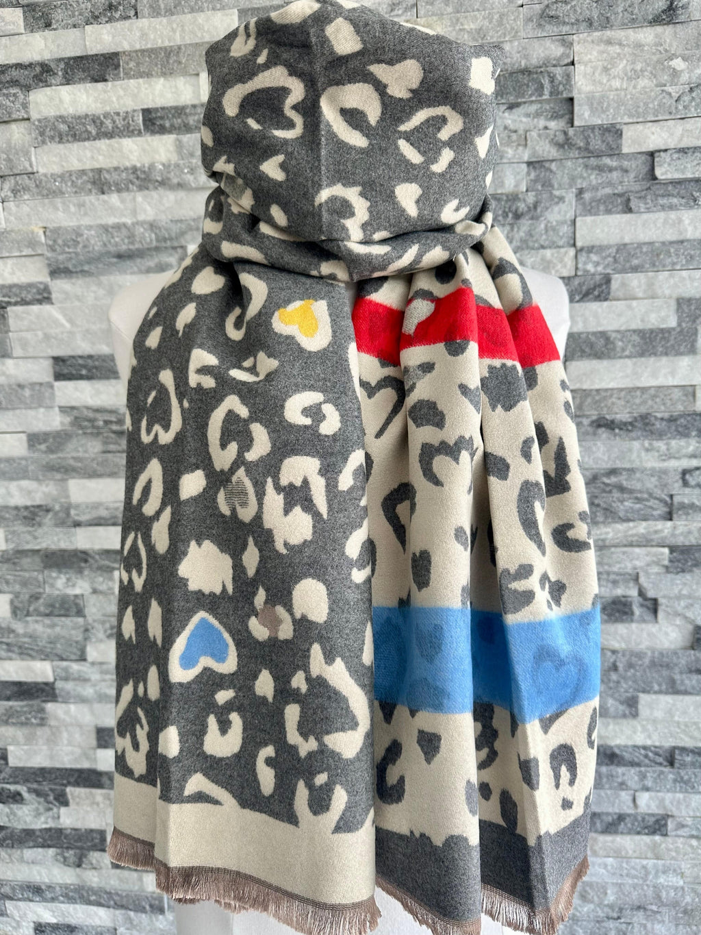 lusciousscarves Reversible Cream and Grey Animal Print Scarf / Wrap with Hearts Design