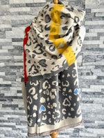 Load image into Gallery viewer, lusciousscarves Reversible Cream and Grey Animal Print Scarf / Wrap with Hearts Design
