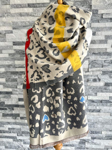 lusciousscarves Reversible Cream and Grey Animal Print Scarf / Wrap with Hearts Design