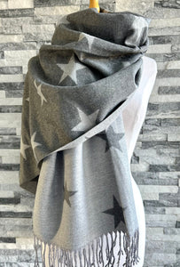lusciousscarves Reversible Dark Grey and Grey Stars Scarf/Shawl Cashmere Blend