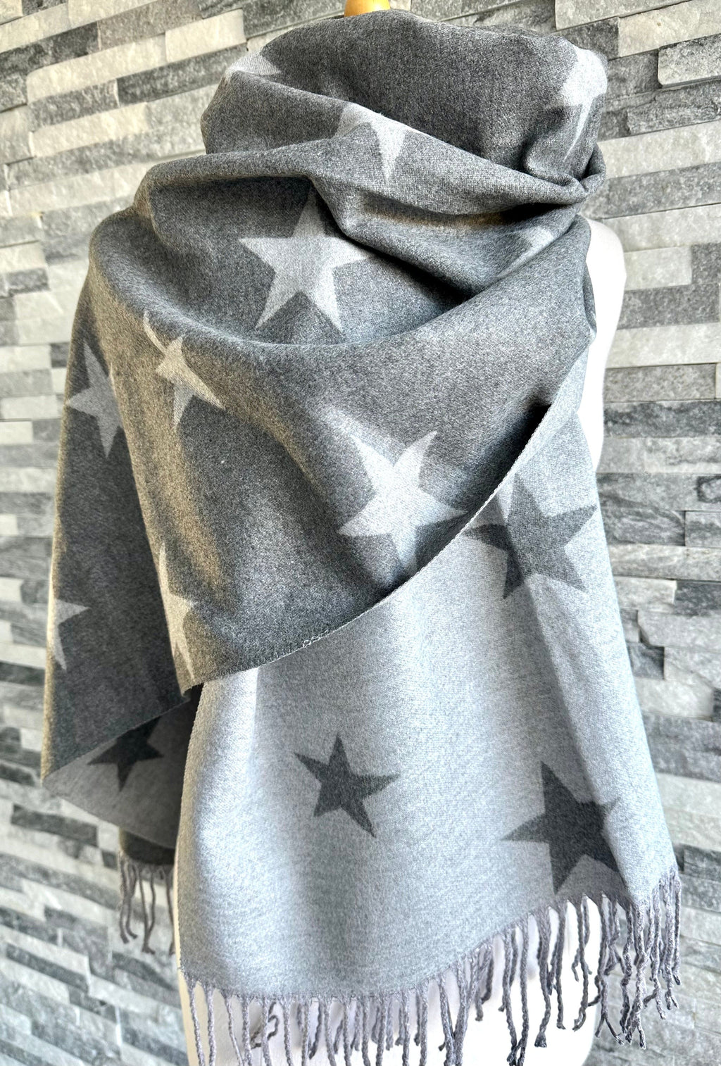 lusciousscarves Reversible Dark Grey and Grey Stars Scarf/Shawl Cashmere Blend