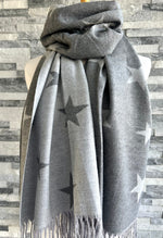 Load image into Gallery viewer, lusciousscarves Reversible Dark Grey and Grey Stars Scarf/Shawl Cashmere Blend
