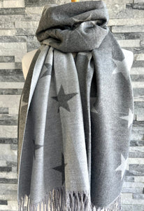 lusciousscarves Reversible Dark Grey and Grey Stars Scarf/Shawl Cashmere Blend