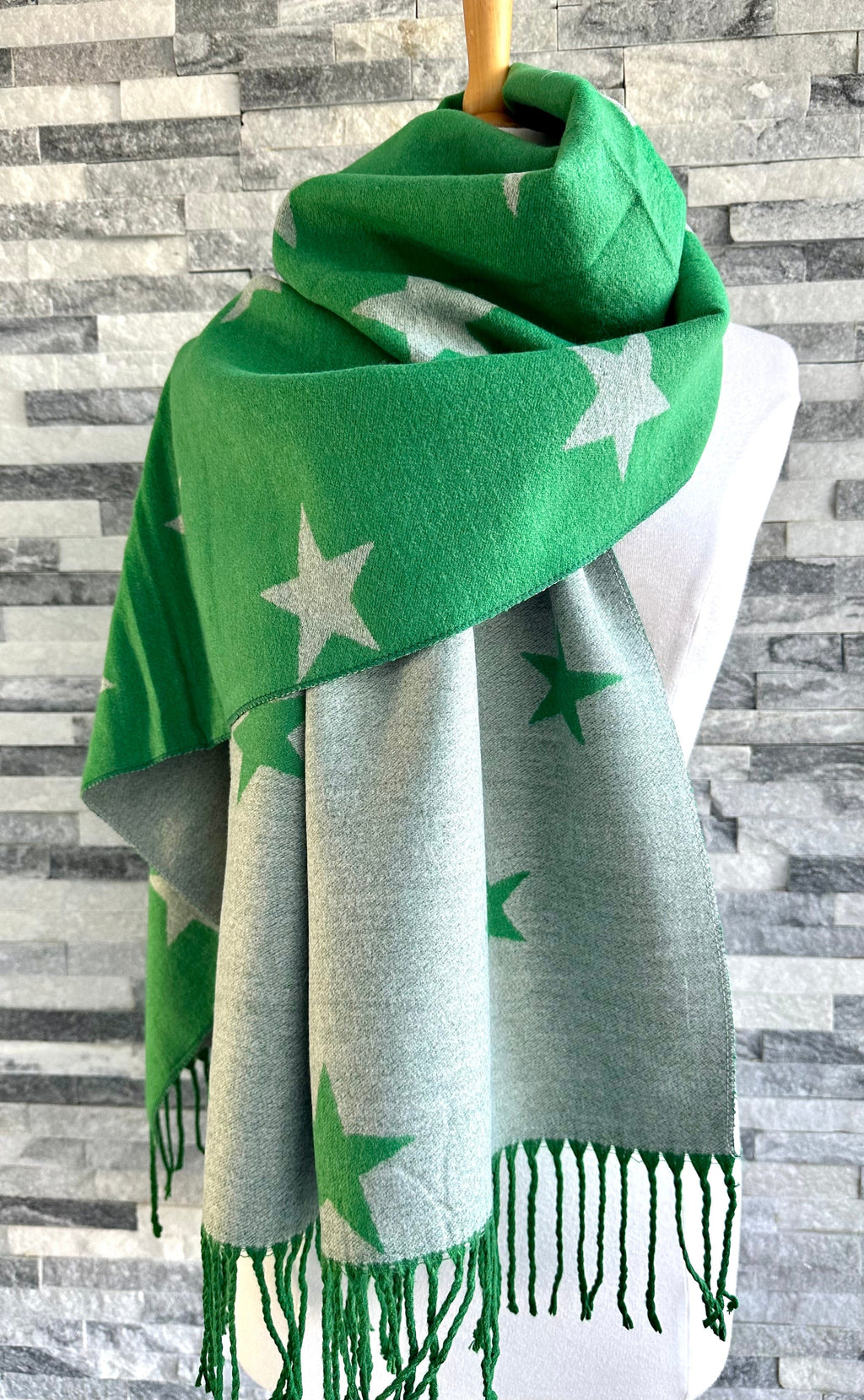 lusciousscarves Reversible Green and Grey Stars Scarf/Shawl Cashmere Blend