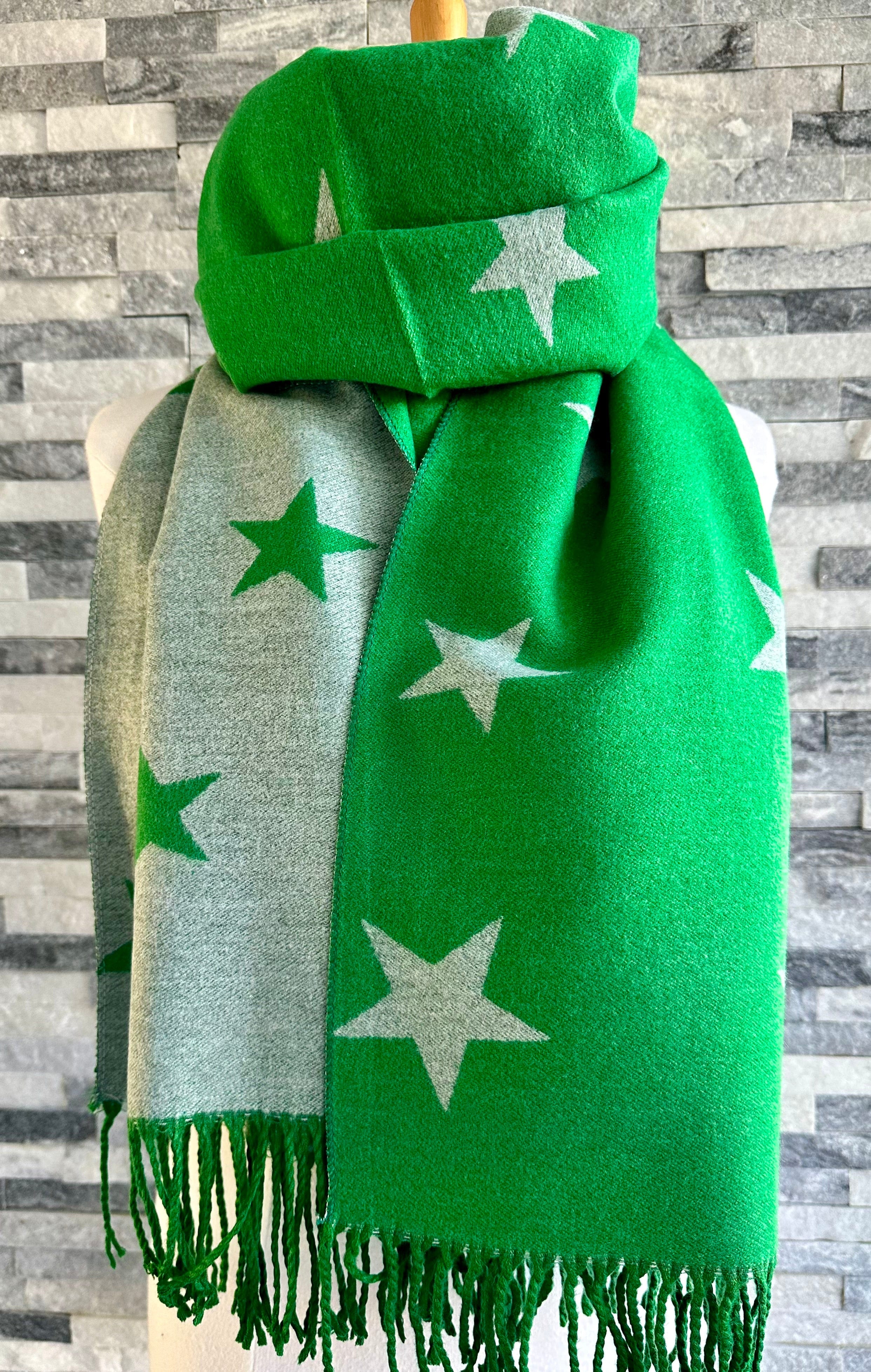 lusciousscarves Reversible Green and Grey Stars Scarf/Shawl Cashmere Blend