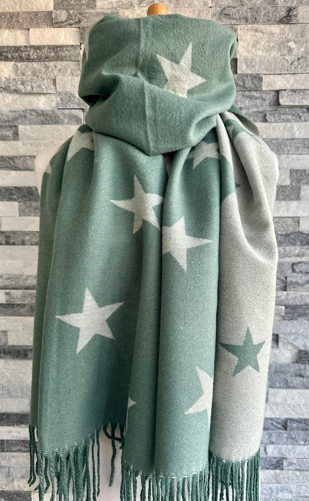 lusciousscarves Reversible Green and Grey Stars Scarf/Shawl Cashmere Blend