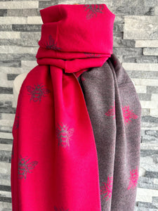 lusciousscarves Reversible Hot Pink and Grey Bees Scarf , Cashmere Blend